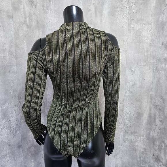 Dream Bandits S Tell Me Gold Metallic Stripe‎ Cold Shoulder Bodysuit Mock Neck - Picture 8 of 12